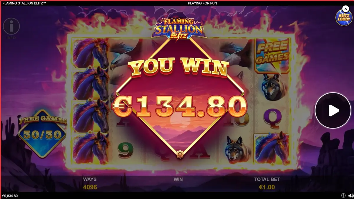 Flaming Stallion Blitz slot machine interface with desert background