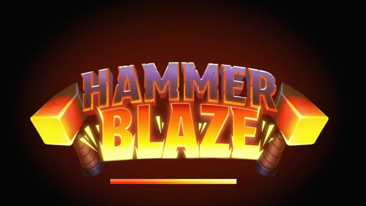 O grid de 7x7 do slot Hammerblaze com elementos de fogo e mitologia grega